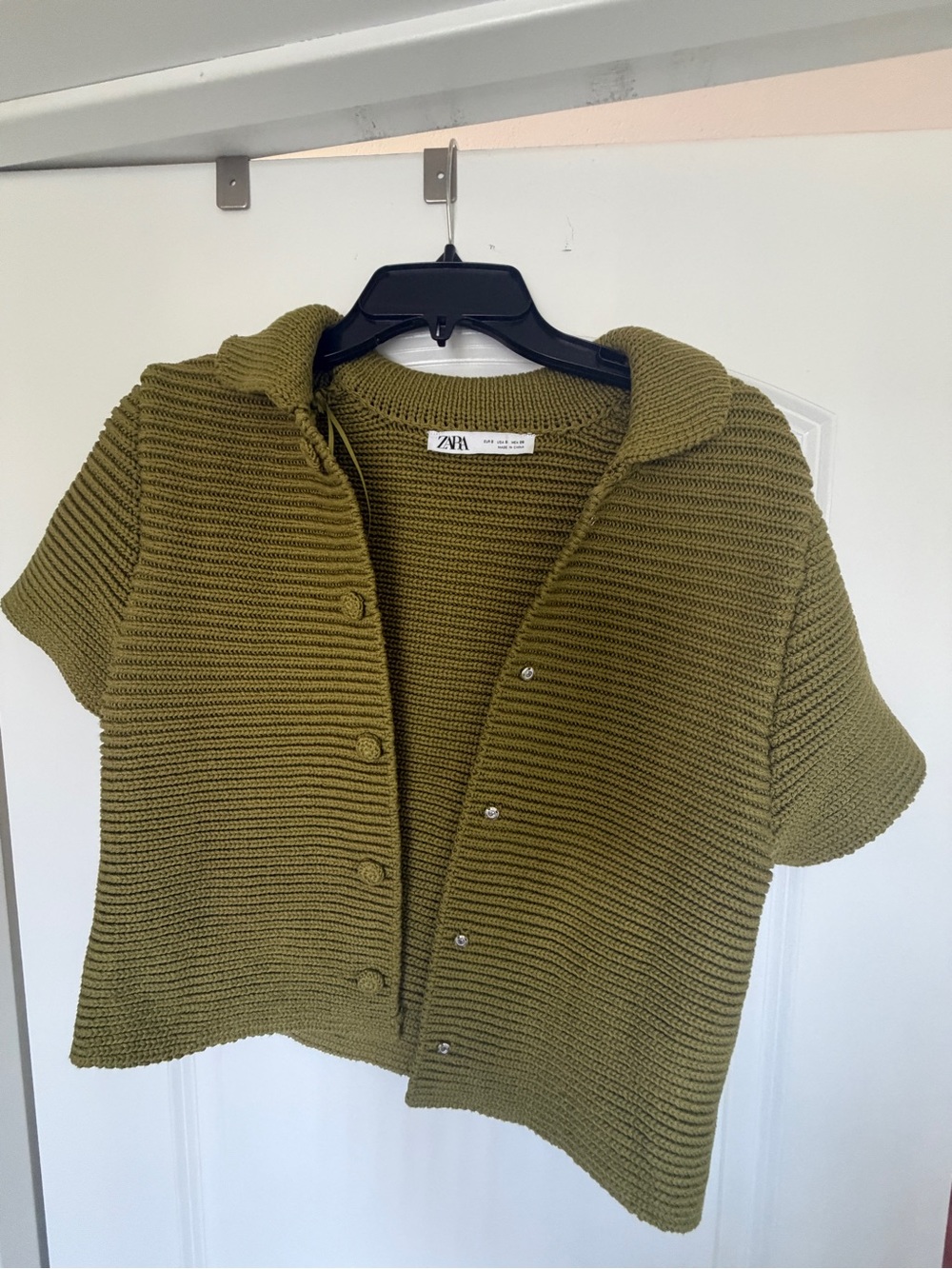 Zara Olive Ribbed Short-Sleeve Button Cardigan